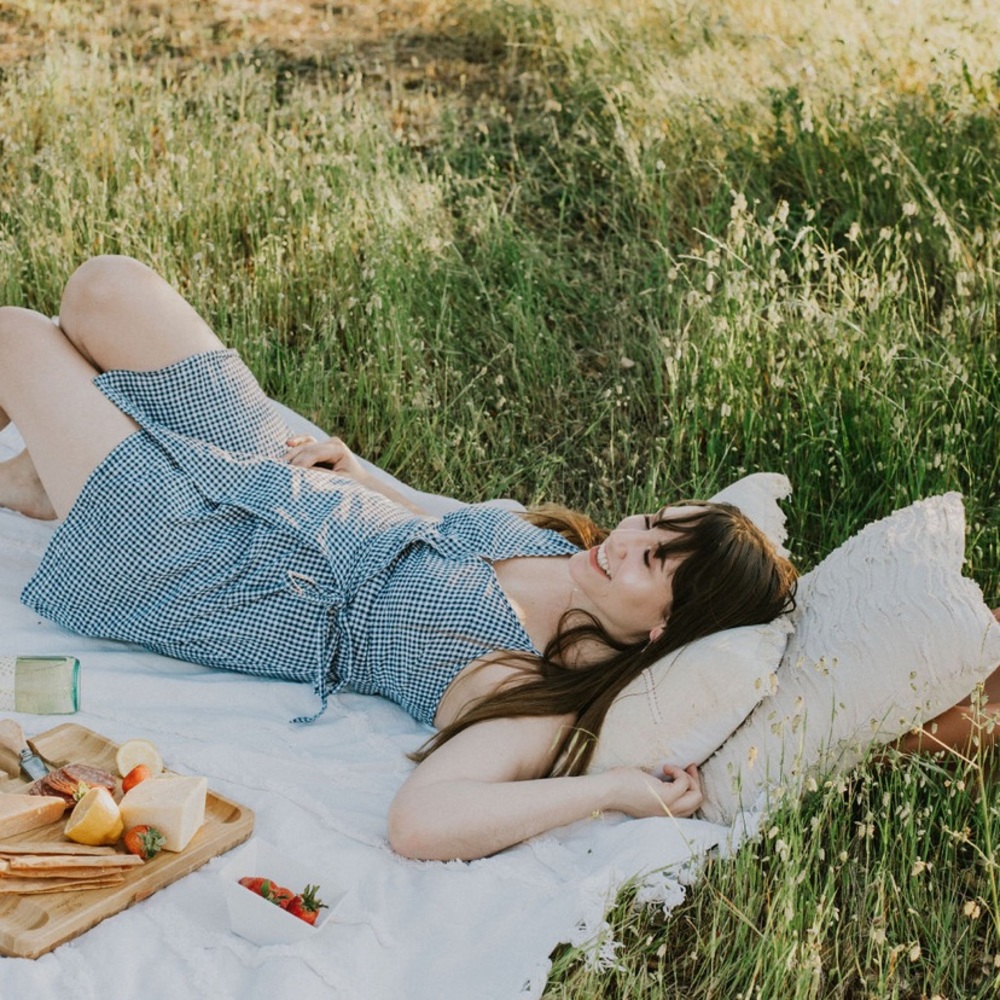 Blue and white print wrap dress